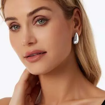 Chunky Hoop Earrings for Women - Lightweight Teardrop Hoops Earrings with 18K Gold Plated Hypoallergenic Earrings Waterdrop Thick Hoops Earrings Big Simple, gold plated, No Gemstone