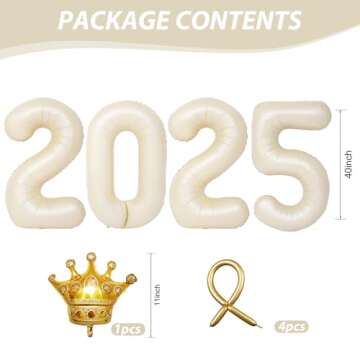 2025 Balloons Beige,40 Inch 2025 Number Balloons with Foil Crown Balloons for Happy New Year Decorat...