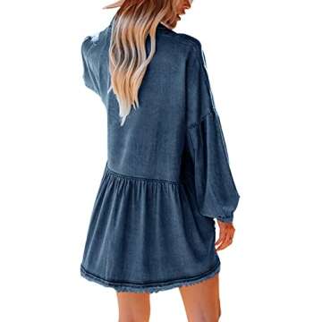 loveimgs Women's Oversized Distressed Denim Button Down Tunic Shirt Dress with Pockets (Medium,Dark ...