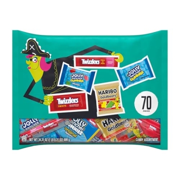 HARIBO, JOLLY RANCHER and TWIZZLERS Assorted Fruit Flavored, Halloween Candy Bag, 24.31 oz (70 Piece...