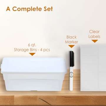 Peaknip 6 Quart Storage Bins - 4 Pack with Labels