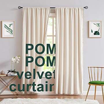 Pom-Pom Cream Velvet Curtain 84inches Long Window Drapes for Living Room Cotton Feel Soft Ivory Wind...