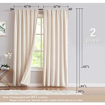 Pom-Pom Cream Velvet Curtain 84inches Long Window Drapes for Living Room Cotton Feel Soft Ivory Window Curtains for Bedroom Hotel Guest Room 42" W 2Panels