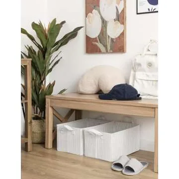 StorageWorks Storage Bins, Fabric Storage Bins for Shelves, Storage Baskets with Metal Frame, Closet Baskets and Bins with Handles, Gray and White Stripes, 2-Pack