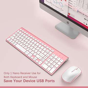 J JOYACCESS Ergonomic Wireless Keyboard Mouse Combo, Pink Mouse and Keyboard Combo, Typewriter Keyboard Wireless, Portable Wireless Keyboard for Computer/Laptop/Windows/Mac
