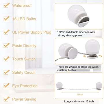 Vanity Lights for Mirror, 16 LED Bulbs Hollywood Makeup Lights, 3 Color Modes, Dimmable Brightness, Plug in, Stick up, for Dressing Table Bathroom Body Wall Mirror Lights