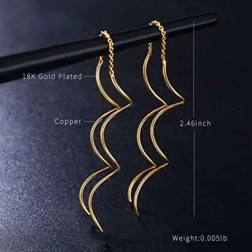 Acefeel Fresh Style Exquisite Threader Dangle Earrings Curve Twist Shape for Women's Gift E158 (18K Gold plated)