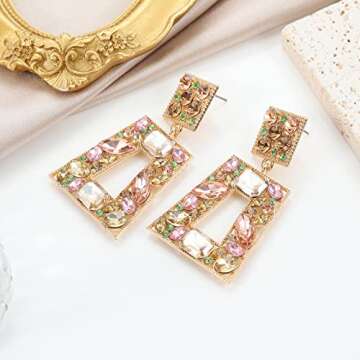 Canboer Champagne Rhinestone Rectangle Dangle Earrings Sparkly Geometric Drop Statement Earrings Hyp...