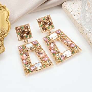 Canboer Champagne Rhinestone Rectangle Dangle Earrings Sparkly Geometric Drop Statement Earrings Hypoallergenic for Women Party Prom