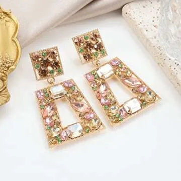 Canboer Champagne Rhinestone Rectangle Dangle Earrings Sparkly Geometric Drop Statement Earrings Hypoallergenic for Women Party Prom
