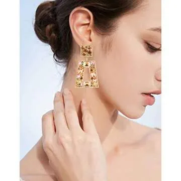 Canboer Champagne Rhinestone Rectangle Dangle Earrings Sparkly Geometric Drop Statement Earrings Hypoallergenic for Women Party Prom