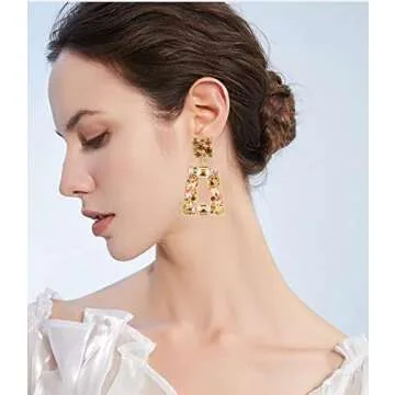 Canboer Champagne Rhinestone Rectangle Dangle Earrings Sparkly Geometric Drop Statement Earrings Hypoallergenic for Women Party Prom