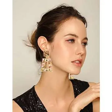 Canboer Champagne Rhinestone Rectangle Dangle Earrings Sparkly Geometric Drop Statement Earrings Hypoallergenic for Women Party Prom