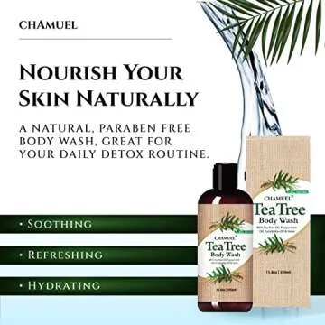 Chamuel Tea Tree Body Wash - Made With Natural Ingredients To Fights Itchy Skin, Body Odor, Athlete's Foot, Jock Itch & Toenails Issues - Organic Scented - Men & Women (11.8oz)