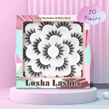 Losha False Eyelashes 10 Pairs Wispy Faux Mink Lashes Soft 3D Volume Fake Eyelashes Handmade Reusable False Lashes Dramatic Long Eye Lashes Pack (Glam)