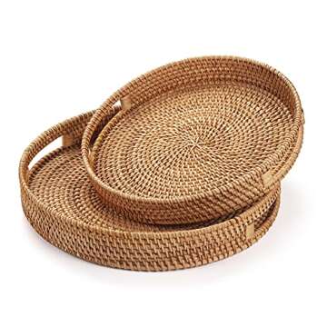 Round Rattan Serving Tray Decorative Woven Ottoman Trays with Handles for Coffee Table Natural (Smal...