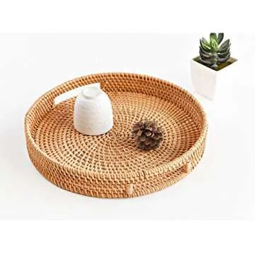 Round Rattan Serving Tray Decorative Woven Ottoman Trays with Handles for Coffee Table Natural (Small 11.8 inch x 2.4 inch)
