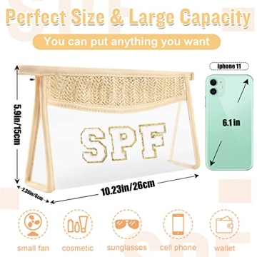 Clear Makeup Letter Patch Makeup Bag SPF Pouch, Boho Clear Toiletry Bag Travel Preppy Small Cute Stadium Letter Cosmetic Zipper Pouch Purse, Transparent Waterproof Beige Beach Makeup Pouch Clutch(SPF)