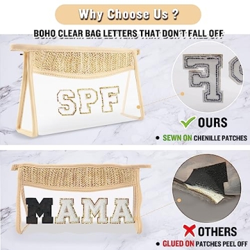 Clear Makeup Letter Patch Makeup Bag SPF Pouch, Boho Clear Toiletry Bag Travel Preppy Small Cute Stadium Letter Cosmetic Zipper Pouch Purse, Transparent Waterproof Beige Beach Makeup Pouch Clutch(SPF)