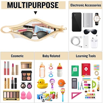 Clear Makeup Letter Patch Makeup Bag SPF Pouch, Boho Clear Toiletry Bag Travel Preppy Small Cute Stadium Letter Cosmetic Zipper Pouch Purse, Transparent Waterproof Beige Beach Makeup Pouch Clutch(SPF)