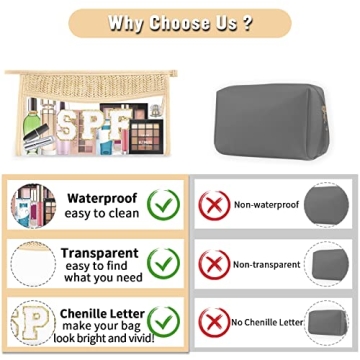 Clear Makeup Letter Patch Makeup Bag SPF Pouch, Boho Clear Toiletry Bag Travel Preppy Small Cute Stadium Letter Cosmetic Zipper Pouch Purse, Transparent Waterproof Beige Beach Makeup Pouch Clutch(SPF)