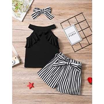 MIGU Toddler Girl Clothes 4t-5t Girls Summer Clothes Cute Girl Fashion Black Sleeveless top striped shorts Cloting Sets Outfits headbands 3pcs