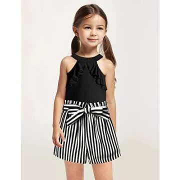 MIGU Toddler Girl Clothes 4t-5t Girls Summer Clothes Cute Girl Fashion Black Sleeveless top striped shorts Cloting Sets Outfits headbands 3pcs