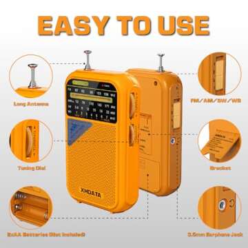 XHDATA D221 NOAA Weather Radio Portable AM FM Shortwave Radio Receiver, 2 AA Battery Operated, Transistor Radio with Excellent Reception for Emergency, Hurricane, Gift, Walking and Home (Orange)