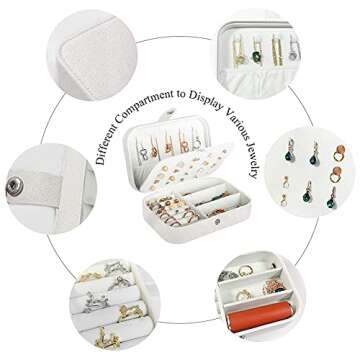 Travel Jewelry Box, PU Leather Small Jewelry Organizer for Women Girls, Portable Mini Travel Case Display Storage Holder Boxes for Stud Earrings, Rings, Necklaces, Bracelets (Glitter White)