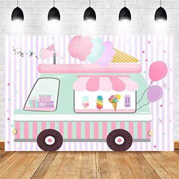 Mocsicka Ice Cream Birthday Party Backdrop Ice Cream Truck Birthday Party Background Ice Cream Shop Girls Birthday Party Cake Table Decoration Photo Booth Props (7x5ft)