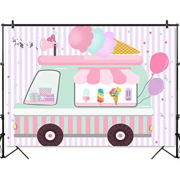 Mocsicka Ice Cream Birthday Party Backdrop Ice Cream Truck Birthday Party Background Ice Cream Shop Girls Birthday Party Cake Table Decoration Photo Booth Props (7x5ft)