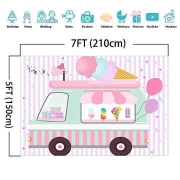 Mocsicka Ice Cream Birthday Party Backdrop Ice Cream Truck Birthday Party Background Ice Cream Shop Girls Birthday Party Cake Table Decoration Photo Booth Props (7x5ft)