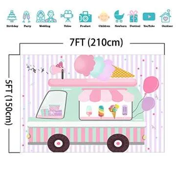 Mocsicka Ice Cream Birthday Party Backdrop Ice Cream Truck Birthday Party Background Ice Cream Shop Girls Birthday Party Cake Table Decoration Photo Booth Props (7x5ft)