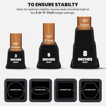 Utopia Bedding Adjustable Bed Furniture Risers - Elevation in Heights 3, 5 or 8 Inch Heavy Duty Rise...
