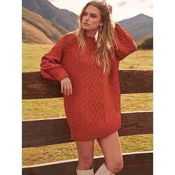 ANRABESS Women Long Sleeve Oversized Cable Knit Chunky Baggy Loose Pullover Tunic Mini Sweater Dress 2024 Trendy Fall Outfits Rust Small