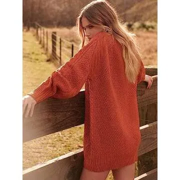 ANRABESS Women Long Sleeve Oversized Cable Knit Chunky Baggy Loose Pullover Tunic Mini Sweater Dress 2024 Trendy Fall Outfits Rust Small