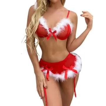 Christmas Sexy Lingerie for Women 2023 Sexy Red Velvet Santa 3 Piece Lingerie Set Fluffy Furry Bra and Panty with Cape Lingerie for Women Naughty Cosplay Costume Women's Exotic Lingerie Sets