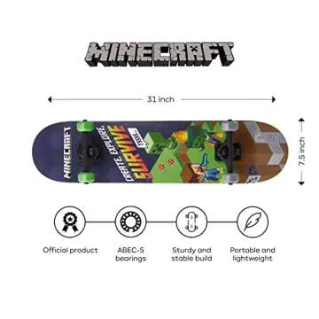 Sakar Minecraft 31 inch Skateboard, 9-ply Maple Deck Skate Board for Cruising, Carving, Tricks and Downhill