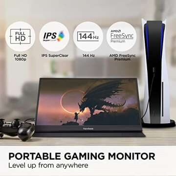 ViewSonic VX1755 17 Inch 1080p Portable IPS Gaming Monitor with 144Hz, AMD FreeSync Premium, 2 Way Powered 60W USB C, Mini HDMI, and Built-in Stand with Magnetic Cover