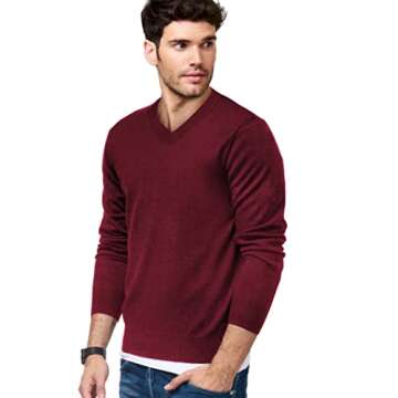 COOFANDY Men's Fashion V Neck Sweater Dress Knitted Long Sleeve Pullover Sweater Wine Red