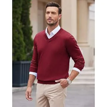 COOFANDY Men's Fashion V Neck Sweater Dress Knitted Long Sleeve Pullover Sweater Wine Red