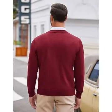 COOFANDY Men's Fashion V Neck Sweater Dress Knitted Long Sleeve Pullover Sweater Wine Red