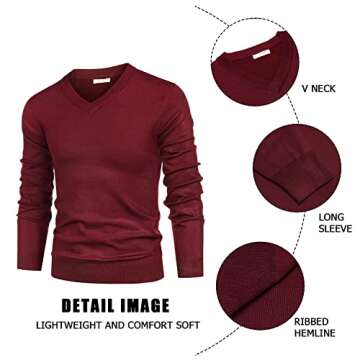 COOFANDY Men's Fashion V Neck Sweater Dress Knitted Long Sleeve Pullover Sweater Wine Red
