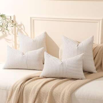 Hckot Grey and Beige Patchwork Farmhouse Throw Pillow Covers 18 x 18 Inch, Pack of 2 Striped Linen Decorative Pillow Case for Sofa Couch Chair Bedroom Modern Decor(Grey)
