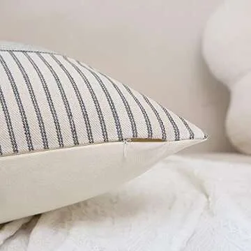 Hckot Grey and Beige Patchwork Farmhouse Throw Pillow Covers 18 x 18 Inch, Pack of 2 Striped Linen Decorative Pillow Case for Sofa Couch Chair Bedroom Modern Decor(Grey)
