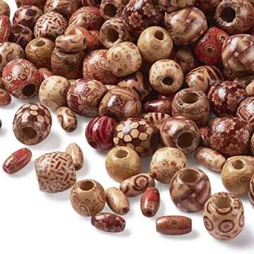 KISSITTY 300pcs Natural Printed Wooden Beads Round Barrel & Oval Shapes Dreadlock Beads for Jewelry ...
