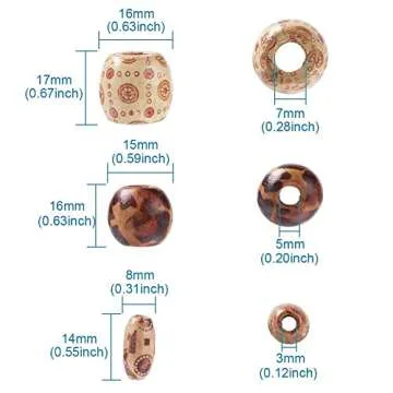 KISSITTY 300pcs Natural Printed Wooden Beads Round Barrel & Oval Shapes Dreadlock Beads for Jewelry Making DIY Bracelet Necklace Hair Crafts