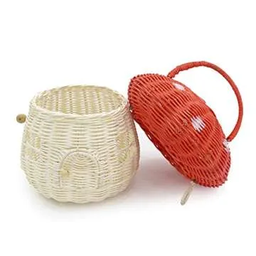 KOLWOVEN Mushroom Basket- Mushroom Home Decor Box With lid Shelves- Rattan Mushroom Newborn Photography Props in Tent, Kitchen - Bag for Kid - Wicker Basket Purse (Red Color)