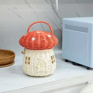 KOLWOVEN Mushroom Basket- Mushroom Home Decor Box With lid Shelves- Rattan Mushroom Newborn Photography Props in Tent, Kitchen - Bag for Kid - Wicker Basket Purse (Red Color)