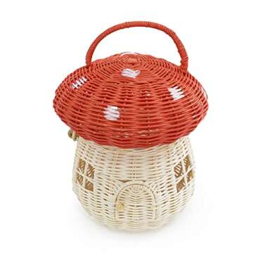 KOLWOVEN Mushroom Basket- Mushroom Home Decor Box With lid Shelves- Rattan Mushroom Newborn Photography Props in Tent, Kitchen - Bag for Kid - Wicker Basket Purse (Red Color)